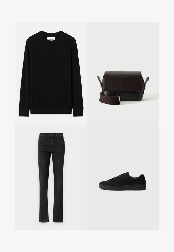 Sort ribbet sweater med rund halsudskæring, lange ærmer og strikket tekstur. Har en lige kant og en subtil brandinglabel indeni.; Sorte denim jeans med lige ben, der har frontlommer og en knaplukning. Glat tekstur med subtil fading.; Sort semsket sneakers med en flad, tekstureret sål, rund tå, seks snørrehuller og et minimalistisk design.; Mørkebrun lædertaske med flaplukning og justerbar stofrem på hvid baggrund.