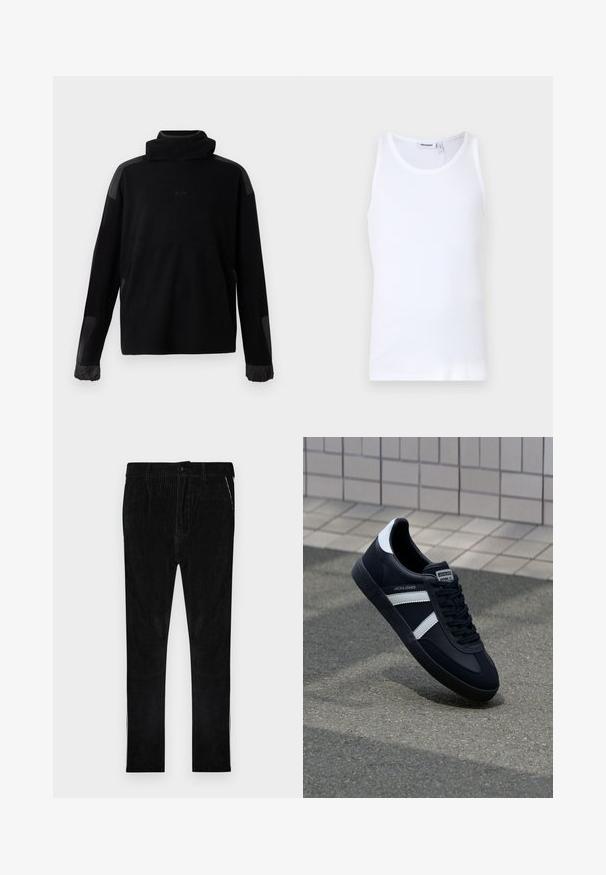 Suéter negro de manga larga con cuello alto, puños elásticos y parches de tela suave en los hombros y las mangas.; Top sin mangas de algodón blanco con cuello redondo y tirantes anchos. Textura suave, sin patrones, diseño limpio y etiqueta de marca en el escote.; Pantalones de pana negra con estrías verticales, que cuentan con cierre clásico de botón y cremallera, bolsillos laterales y piernas de corte recto.; Zapatilla de cuero negra con rayas blancas, suela de goma texturizada y parte frontal con cordones. Cuenta con una etiqueta de marca en la lengüeta.