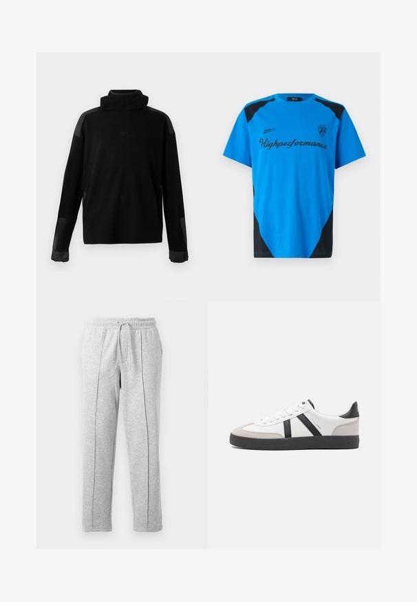 Pull noir à manches longues avec col haut, poignets élastiques et empiècements en tissu lisse sur les épaules et les manches.; Replay SHORT SLEEVE GRAPHIC - T-shirt imprimé - azzurro; Pantalons de jogging gris avec une taille élastique à cordon, jambes droites, coutures latérales et une texture douce. Conviennent pour un usage décontracté ou pour faire du sport.; Baskets blanches avec des accents noirs et gris, présentant un embout texturé gris, une semelle en caoutchouc noir et des lacets plats blancs. Design épuré, style minimaliste.