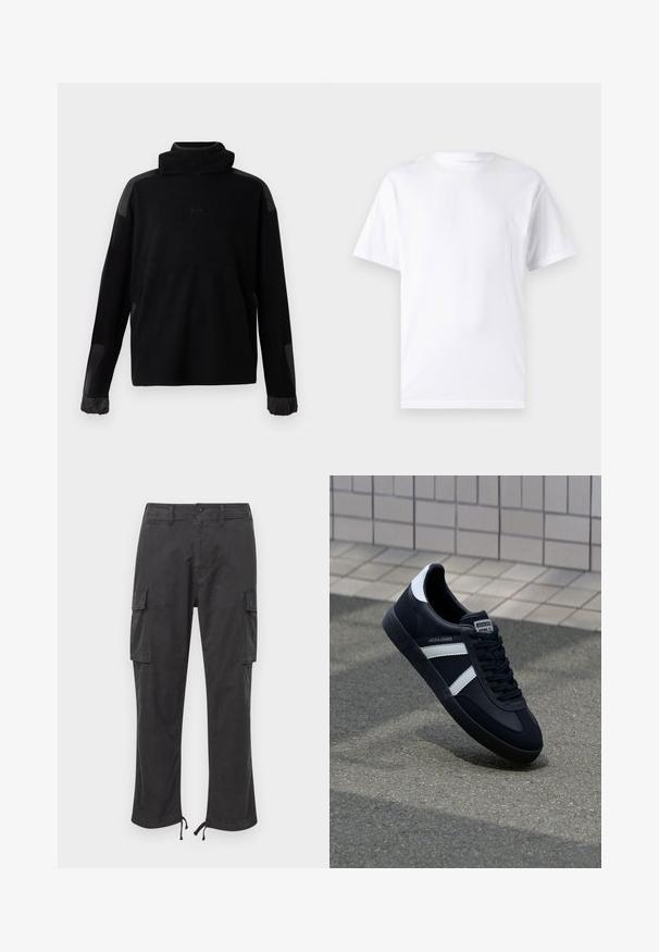 Must mustaerise, pikkade varrukatega pullover kõrge kaelusega, elastsete mansettidega ning sujuvate kangatükkidega õlgadel ja varrukatel.; Valge lühikeste varrukatega T-paita, mis on valmistatud puuvillast, laheda kaelusega. T-särk on sileda tekstuuri ja lihtsa disainiga, ilma mustrite või aksessuaarideta.; Musthave cargo püksid kahte küljetaskut, reguleeritavad nöörsued, nupuga sulgemine ja sile, vastupidav kangas.; Must have musta sneaker musta valgete triipudega, tekstuurne kummitald ja nööridega esiosa. Omab bränditud märki keele peal.