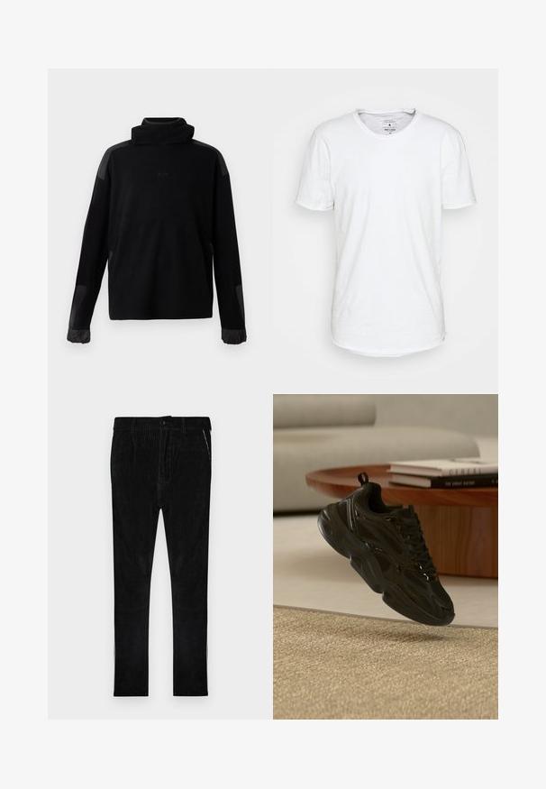 Sort langærmet pullover med høj krave, elastiske manchetter og glatte stoflapper på skuldre og ærmer.; Hvid kortærmet T-shirt lavet af bomuld med en klassisk rund halsudskæring. Har en let buet kant og minimale syninger.; Sorte fløjlsbukser med vertikal ribstruktur, med klassisk knap- og lynlås-lukning, sidelommer og ben med lige snit.; Sort chunky sneaker med mesh og skinnende detaljer, der svæver over beige tæppe, rundt træ-sofabord med bøger i baggrunden.
