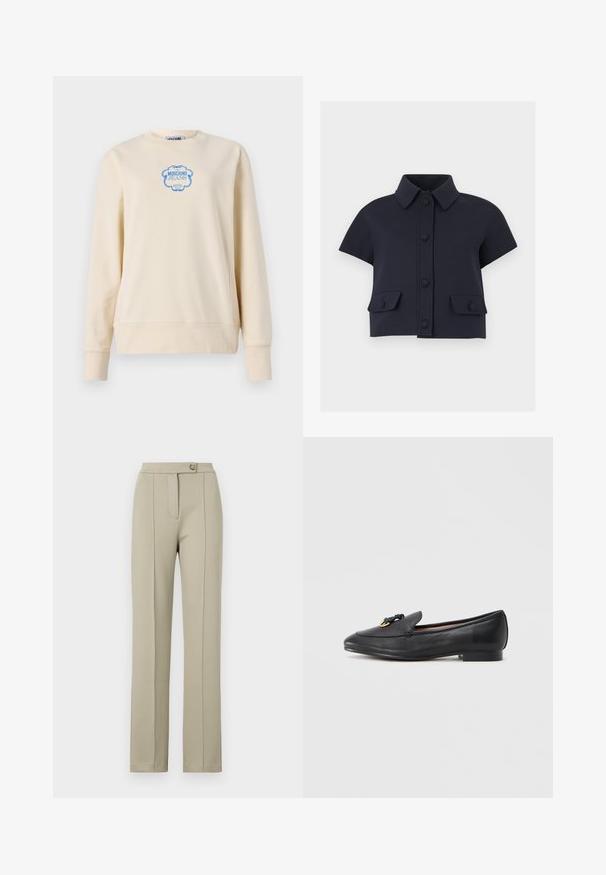 Sweat-shirt beige en coton doux, avec un col rond et des manches longues. Affiche un logo bleu dans un cadre orné au centre.; Veste courte bleu marine à manches courtes avec col pointu, fermeture boutonnée à l'avant et deux poches à rabat avec boutons.; Pantalons beiges ajustés avec une coupe droite, dotés d'une fermeture éclair à l'avant, d'un bouton unique et de plis délicats marqués sur le devant des jambes.; Mocassin en cuir noir avec un bout arrondi, un nœud décoratif et un détail doré sur l'empeigne, et un talon bas carré. Texture lisse.