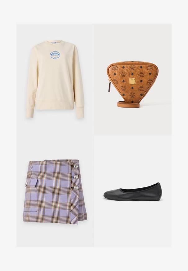 Beige dressipluus, mis on valmistatud pehmest puuvillast, ümmarguse kaelusega ja pikkade varrukatega. Keskosas on kujutatud sinist logo põnevas raamis.; Rabanne Miniseelik - purple/orange/cream/blue; Musthave mustika tantsutossud mustast nahast, ümmarguse varbaga, siledast tekstuurist, minimaalse õmblusdetailiga ja paindliku tallakujundusega.; Pruun kolmnurkne nahast ristiikkott mustade MCM logodega, kuldse metallbrändi plaadi ja tõmblukuga valgel taustal.