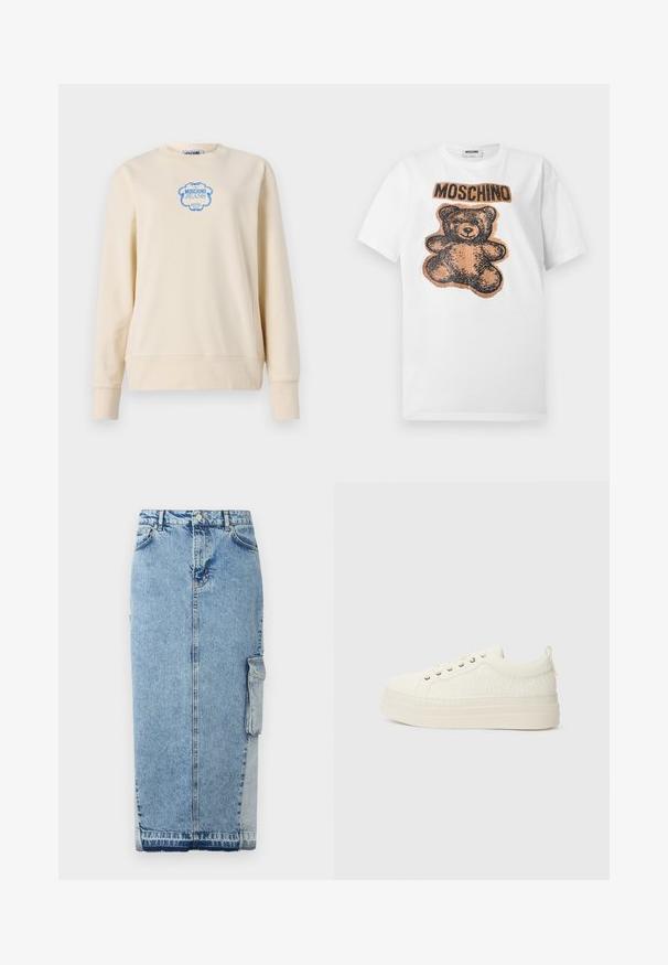 Beige sweatshirt lavet af blødt bomuld, med rund halsudskæring og lange ærmer. Viser et blåt logo i en kunstnerisk ramme i midten.; Hvid T-shirt med en stor teddybamse-grafik i brun og sort og "MOSCHINO" tekst over bamsen midt foran.; Lys blå denimnederdel med lige snit, frontknaplukning, sidelommer og et markant kontrasterende stofpanel.; Hvide sneakers med en tekstureret overdel, flad sål, afrundet tå og en lille løkke ved hælen. Har metaløjer til snører.
