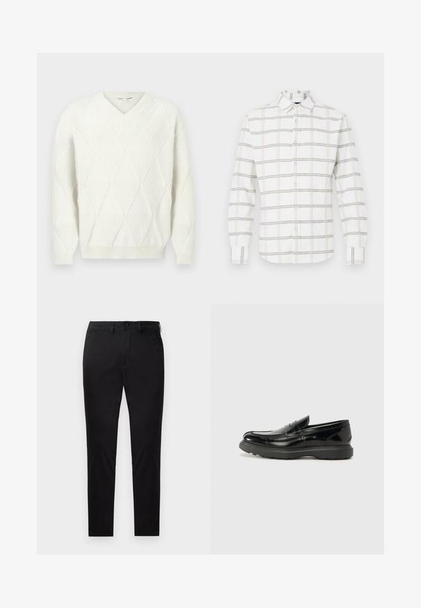 Creme v-hals sweater med diamantmønster, strikket tekstur, ribbede manchetter og kant. Stoffet ser blødt og varmt ud, velegnet til lag-på-lag.; Hvid skjorte med knapper, der har et ternet mønster i lysebeige og grå. Fremstillet af blødt stof med en standardkrave og justerbare manchetter.; Sorte slim-fit bukser med knap- og lynlåslukning, bæltestropper og uden synlige lommer, vist mod en hvid baggrund.; Sort læderloafer med en blank finish, rund tå, subtile syninger og en tyk gummisål for holdbarhed.