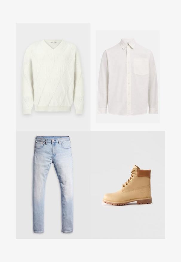 Creme v-hals sweater med diamantmønster, strikket tekstur, ribbede manchetter og kant. Stoffet ser blødt og varmt ud, velegnet til lag-på-lag.; Hvid langærmet skjorte med knapper i letvægtsstof. Har klassisk krave, frontlomme og perlelignende knapper.; Lys blå denim jeans med lige pasform, fem lommer og knaplukning. Stoffet har en falmet tekstur med lette farvevariationer.; Lysebrun læder ankelstøvle med polstret krave, gyldne snøringer, brune snørebånd og tyk sål med riller på ensfarvet lys baggrund.