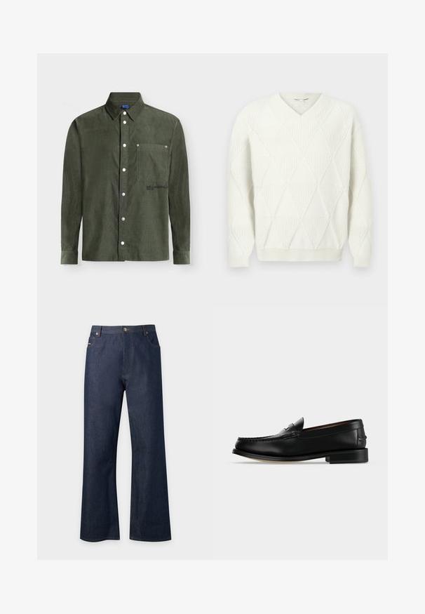 Pull crème à col en V avec un motif en losanges, texture tricotée, cuffs et ourlet côtelés. Le tissu semble doux et chaud, idéal pour les superpositions.; Chemise en velours côtelé vert foncé à manches longues, poche poitrine et boutons-pression sur le devant.; Jean en denim bleu foncé avec coupe droite, bouton et fermeture éclair à l'avant, poches à l'avant et à l'arrière sur un fond uni.; Mocassin homme en cuir noir avec un petit talon et une couture de style mocassin sur l'avant, vu de côté sur un fond uni.