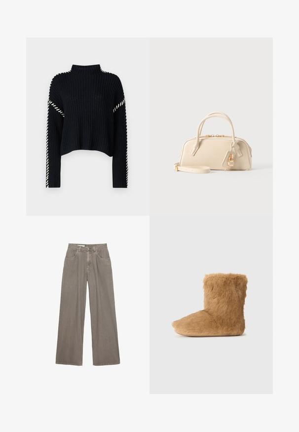Vero Moda VMNEWCREAM FUNNELNECK PULLOVER - Pullover - black/birch; Pantalon en denim gris à jambes larges et taille haute, avec bouton et fermeture éclair à l'avant, poches avant et passants pour ceinture, posé à plat sur fond blanc.; Bottines en fausse fourrure brune, texture douce, bout arrondi, tige courte, et un design simple sans matériel ou motifs visibles.; Petit sac à main beige avec double poignée, fermeture éclair dorée et bandoulière amovible, avec un pendentif en forme de cadenas doré sur fond uni.