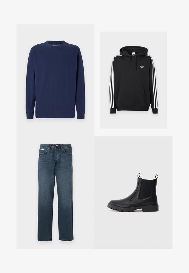 Sudadera con capucha negra de algodón con un bolsillo frontal, diseño de tres franjas blancas en las mangas y pequeño logo blanco en el pecho.; Camiseta de manga larga de color azul marino, hecha de algodón, con cuello redondo, dobladillo recto y puños acanalados. Diseño sencillo y sólido.; Vaqueros de mezclilla azul oscuro con corte recto, cinco bolsillos, trabillas para cinturón y cierre de cremallera. Textura suave con sutiles detalles de desgaste.; Botas Chelsea de cuero negro con paneles elásticos en los costados, puntera redonda y suela texturizada. Presentan tiradores para facilitar su uso.