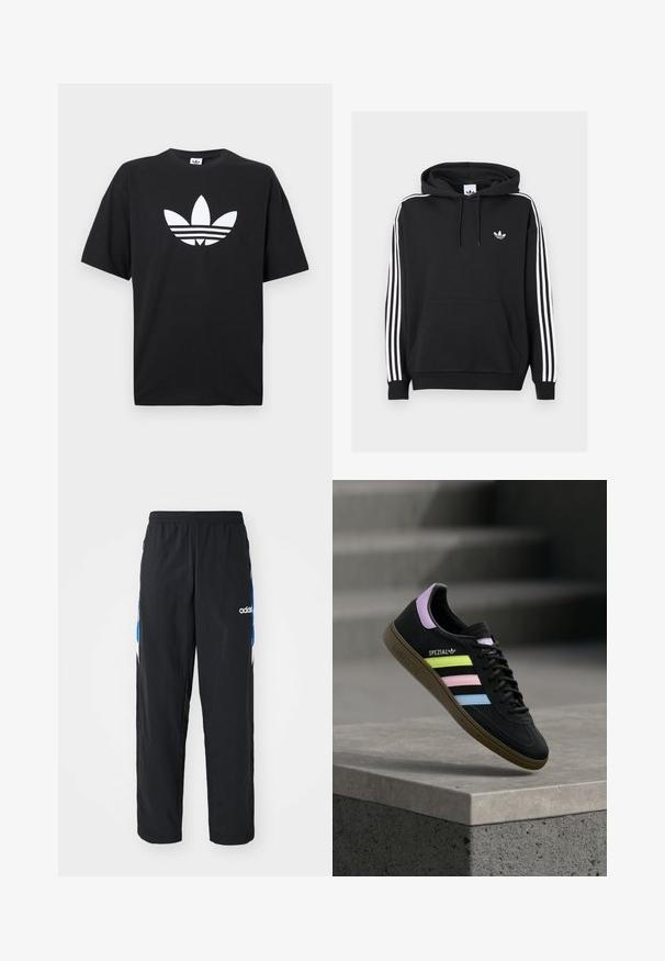 Sort hættetrøje lavet af bomuld med en forlommeklud, hvidt tre-stribe design på ærmerne og lille hvidt logo på brystet.; Sort bomulds T-shirt med korte ærmer, der har et stort hvidt Adidas-logo og tre vandrette striber i bunden. Klassisk rund halsdesign.; Sorte træningsbukser med elastisk talje, prydet med blå og hvide grafiske detaljer på siderne og et broderet logo.; Sort Adidas Spezial sneaker med pastelgule, pink og blå striber, lavendel hælstrop og brun sål, svævende over betonforkant.