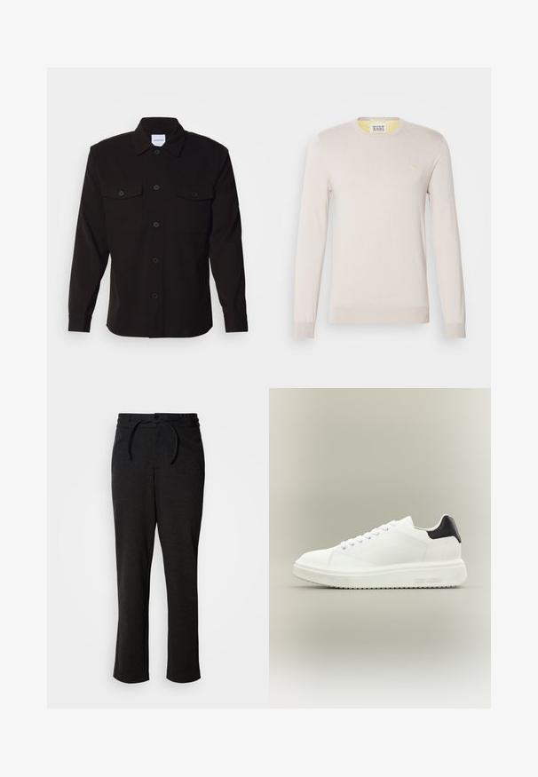 Lys beige strikket sweater med lange ærmer, rund halsudskæring og subtile ribbede manchetter. Har et lille guld logo på brystet.; Sort skjorte med lange ærmer, knaplukning foran, to brystlommer og en struktureret krave. Fremstillet af et ensartet stof med en glat tekstur.; Sorte strikbukser med snoreliv, lige ben og sidelommer. Blød tekstur med en glat overflade.; Hvid lav sneakers med tyk sål, snørelukning foran og sort hælstrop, mærket med "Steve Madden" på siden af sålen.