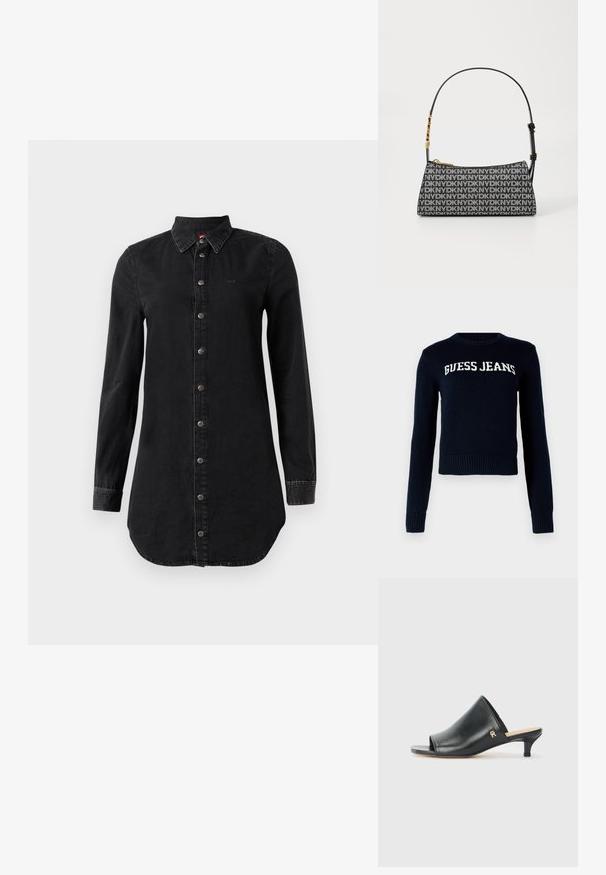 Guess Jeans INTARSIA - Neule - daring ocean; Pitkähihaista mustaa denim-mekkoa, jossa on napit edessä ja kulmikas kaulus, hieman kaareva helma ja ommellut hihansuut.; Musta nahkainen avointoedukka matalalla korolla. Ominaisuuksiin kuuluu sileä pinta ja kultainen logoaksentti sivulla.; DKNY olkalaukku mustavalkoisella logokuvioinnilla. Suorakulmainen muoto, sileä pinta ja kultasävytteiset metalliosat. Säädettävä olkahihna.