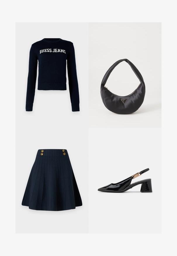 Guess Jeans INTARSIA - Striktrøje - daring ocean; Marineblå plisseret nederdel med struktureret stof, høj talje og to gyldne knapper foran, der skaber en ren linje og en struktureret form.; Sorte patentlæder slingback pumps med spidse tæer og guldfarvet hardware på remmen, med en blokhælhøjder. Glat tekstur.; Sort satin håndtaske med en buet form, der har en lynlåslukning og et trekantet logo i metal på forsiden. Glat tekstur og slankt design.
