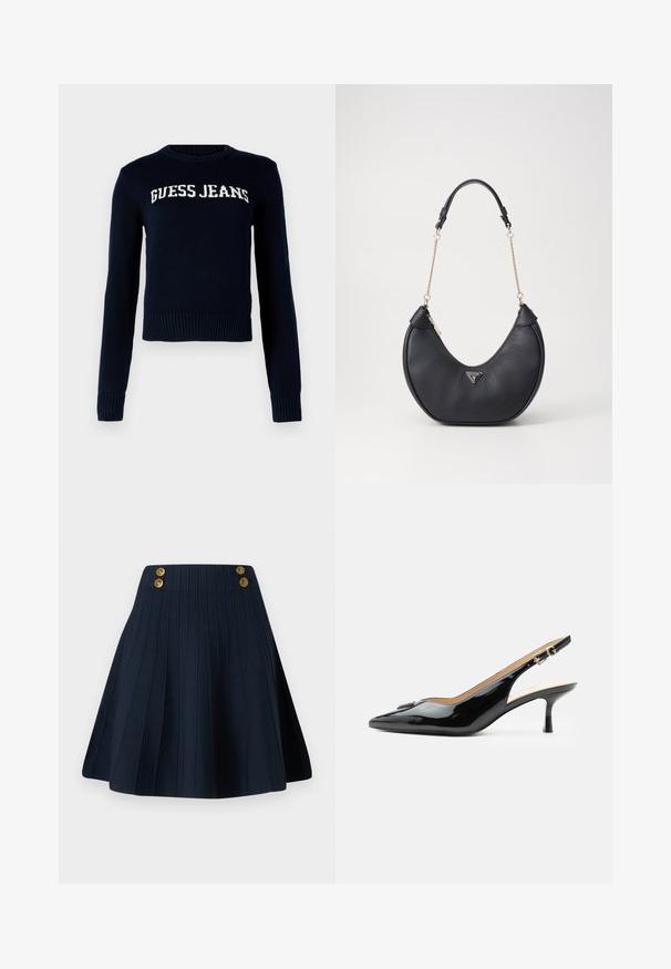 Guess Jeans INTARSIA - Jersey de punto - daring ocean; Falda plisada azul marino con un tejido texturizado, cinturilla alta y dos botones dorados en el frente, creando una línea limpia y una forma estructurada.; Tacón slingback de charol negro con puntera puntiaguda, tacón pequeño tipo kitten y correa con hebilla plateada sobre un fondo blanco liso.; Bolso de hombro de cuero negro con forma curvada, acentuado con una cadena dorada y una placa con el logotipo. Presenta un cierre con cremallera y una superficie texturizada.