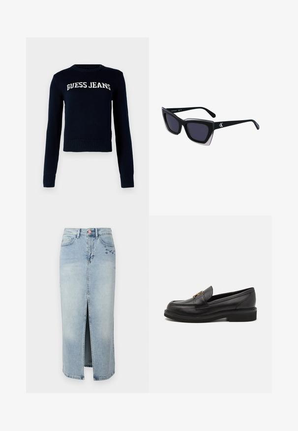 Guess Jeans INTARSIA - Svetrík - daring ocean; Fabienne Chapot CARLYNE SKIRT - Denimová sukňa - light blue tinted; Čierne kožené mokasíny s okrúhlou špičkou, šitými detailmi, zlatými kovovými prvkami a nízkou textúrovanou gumovou podrážkou. Hladký, elegantný povrch.; Čierne oversized slnečné okuliare s geometrickým tvarom, s tmavými šošovkami a kontrastným šedým detailom na ráme. Logo na mostíku.