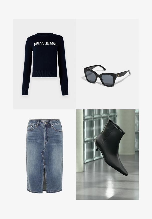 Guess Jeans INTARSIA - Svetrík - daring ocean; Modrá džínová sukňa po kolená s predným stredovým rozparkom, päťvreckovým dizajnom a gombíkovým zapínaním v páse.; Čierna kožená členková čižma so špicatou špičkou a nízkym kitten podpätkom, zobrazená šikmo na pozadí leštenej podlahy a steny zo sklenených blokov.; Čierne slnečné okuliare s výrazným štvorcovým rámom, obsahujúce tmavé sklá a zlatý logový akcent na jednom ramene. Vyrobené z lesklého plastového materiálu.