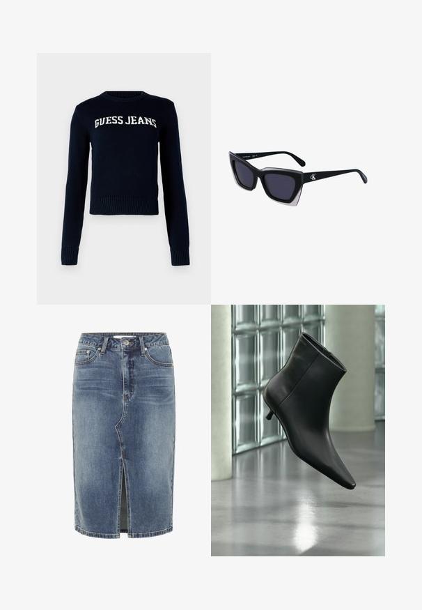 Guess Jeans INTARSIA - Trui - daring ocean; Blauwe denim rok tot de knie met een split in het midden vooraan, vijf zakken en een knoopsluiting in de taille.; Zwarte leren enkellaars met spits toelopende neus en lage kittenhak, schuin weergegeven tegen een gepolijste vloer en een glazen blokken muur als achtergrond.; Zwarte oversized zonnebril met een geometrische vorm, voorzien van donkere glazen en een contrasterend grijs detail op het montuur. Logo op de arm.