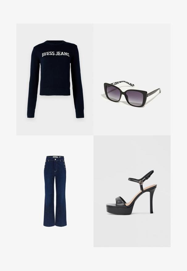 Guess Jeans INTARSIA - Striktrøje - daring ocean; Mørkeblå bredbenede jeans med høj talje, der har knapdetaljer på siderne og en glat denimtekstur.; Sorte platformsandaler med høj stiletthæl, der har en glat læderoverdel, peep toe-design og en justerbar ankelrem med metalbeslag.; Sorte firkantede solbriller med gradientlinser, der har en glansfuld finish. Stængerne har et sort-hvidt zebra-mønster. Simple logo på siden.