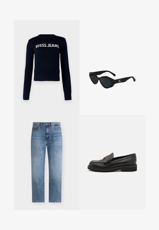 Guess Jeans INTARSIA - Striktrøje - daring ocean; Lyseblå straight-leg denim jeans med fem lommer, knaplukning og diskrete falmede detaljer på forsiden af lårene.; Sorte læder loafers med rund tå, syede detaljer, guldfarvet hardware og en lav tekstureret gummisål. Glat, elegant finish.; Sorte katteøje solbriller med en glat finish, mørke linser og et "cK"-logo på stangen. Vinklet design og tykke stel.
