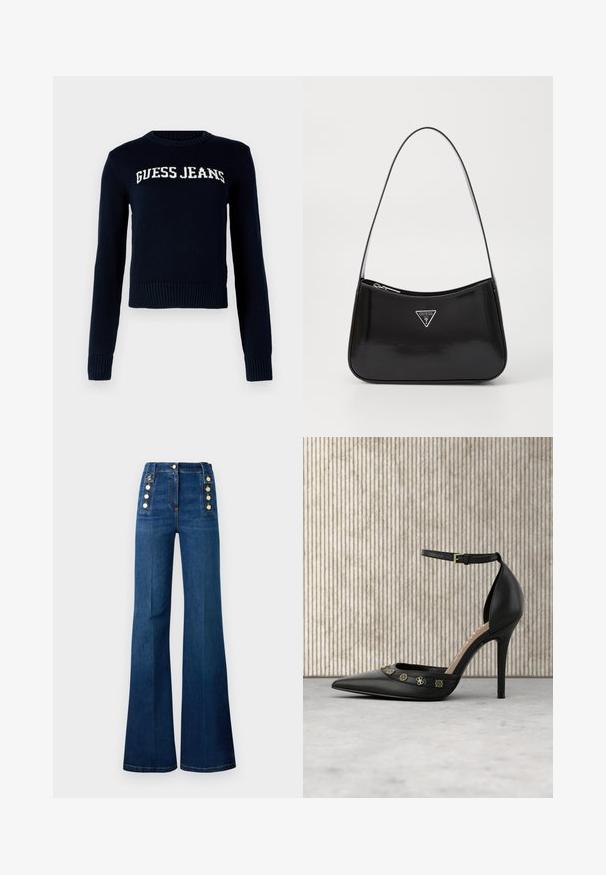 Guess Jeans INTARSIA - Džemper - daring ocean; Tumedate teksased kõrge talje ja laiendatud säärega, millel on kuldsed nööbid külgedel ja sile tekstuur.; Mustast nahast kõrge kontsaga kingad, millel on terav nina, pahkluu rihm ja kullatooni kaunistused peal. Sile tekstuur.; Must küllastatud nahast õlakott, millel on kumer kuju, hõbedase kolmnurkse logo ja tõmblukuga sulgemine. Sile tekstuur ja õhuke rihm.