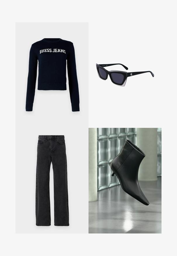 Guess Jeans INTARSIA - Strickpullover - daring ocean; Schwarze Denim-Jeans mit weitem Bein, klassischen fünf Taschenstil, Knopfverschluss und subtiler Waschung.; Schwarzer Leder-Stiefelette mit spitzer Zehenpartie und niedrigem Kitten-Heel, schräg dargestellt vor einem polierten Boden und einer Glasbausteinwand.; Schwarze übergroße Sonnenbrille mit geometrischer Form, ausgestattet mit dunklen Gläsern und einem kontrastierenden grauen Detail im Rahmen. Logo am Bügel.