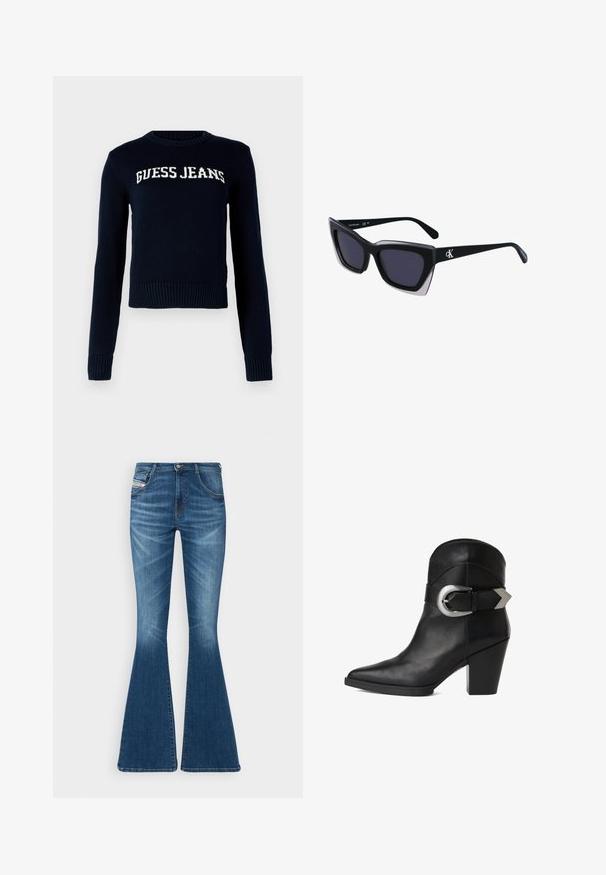 Guess Jeans INTARSIA - Striktrøje - daring ocean; Flared jeans i mellemblå denim med høj talje, fem-lomme design og subtile whiskering-detaljer ved lårene.; Sort læder ankelsko med spidse tæer, kraftig hæl og en bred rem med en cirkulær sølvspænde på siden. Glat tekstur.; Store sorte oversized solbriller med geometrisk form, med mørke linser og en kontrasterende grå detalje på stellet. Logo på armen.