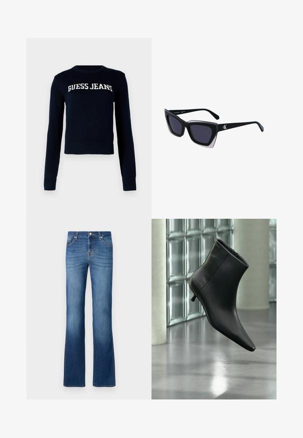 Guess Jeans INTARSIA - Striktrøje - daring ocean; Blå denim flared jeans med et klassisk fem-lomme design, der har en falmet vask, guldtråde og en knaplukning i taljen.; Sort læderankelstøvle med spids tå og lav kitten-hæ, vist vinklet mod en poleret gulv- og glasblokvæg.; Store sorte oversized solbriller med geometrisk form, med mørke linser og en kontrasterende grå detalje på stellet. Logo på armen.