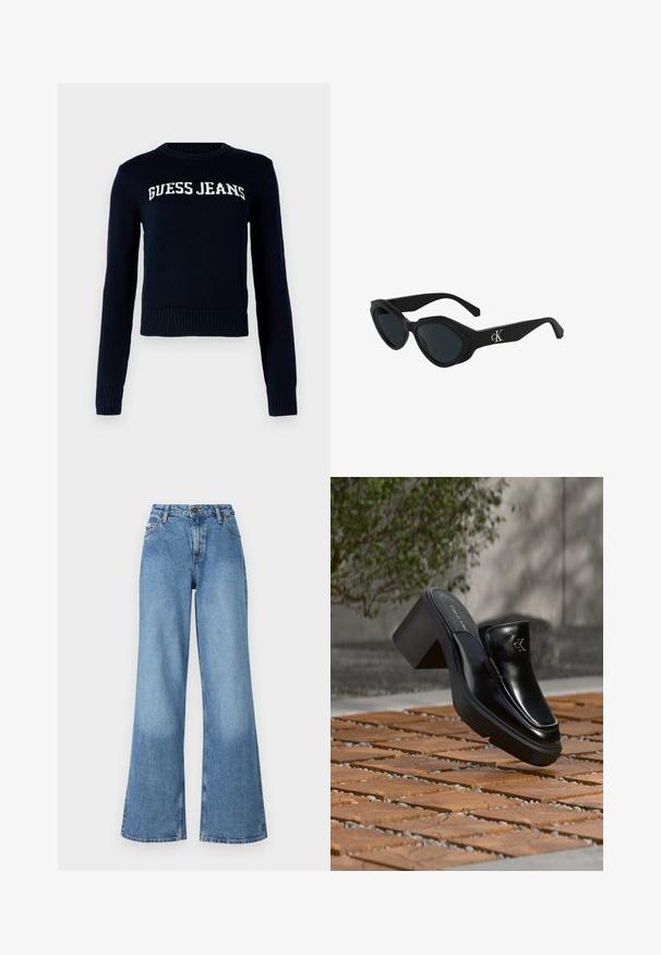 Guess Jeans INTARSIA - Trui - daring ocean; Hoge taille wijde spijkerjeans in blauw met voorzakken, riemlussen en een knoop- en ritssluiting.; Zwarte leren Calvin Klein slip-on mule met blokhak rustend op houten tegels buiten, vlak bij een groene plant en een grijze muur.; Zwarte cat-eye zonnebril met een glanzende afwerking, donkere lenzen en een "cK" logo op de poot. Hoekig ontwerp en dikke monturen.