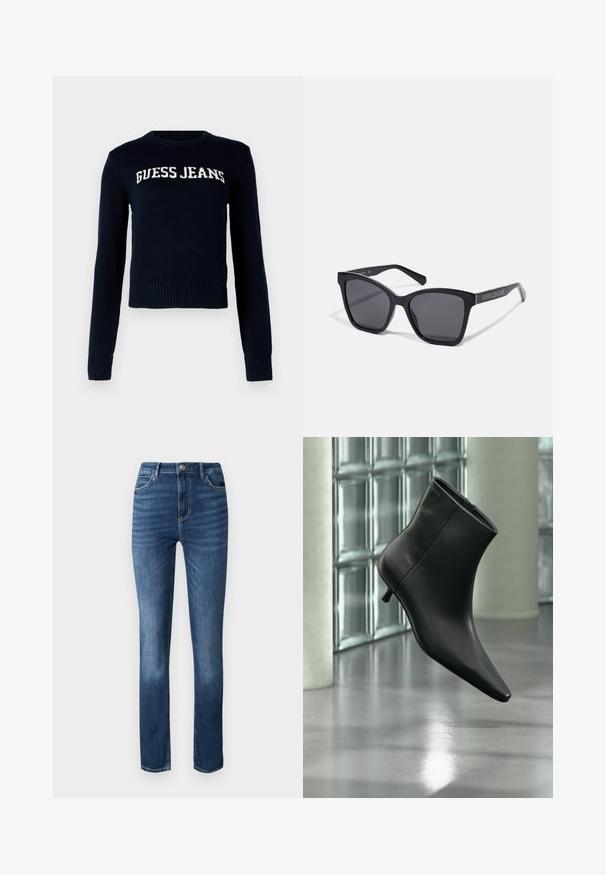 Guess Jeans INTARSIA - Džemper - daring ocean; Tumed sinine denim teksapükste sirge jalaga disain, viie tasku stiil ja peened hõõrdumised ees, et lisada tekstuuri.; Mustast nahast pahkluu saabas terava varbaotsaga ja madala Kitsuki kontsaga, kuvatud nurga alt läikiva põranda ja klaasplokkseinaga taustal.; Mustad mustan värvi ristkülikukujulised päikeseprillid tumedate läätsedega ja läikivate raamidega. Küljel on hõbedased brändingud. Ruudukujuline kuju ja tugevad käed.