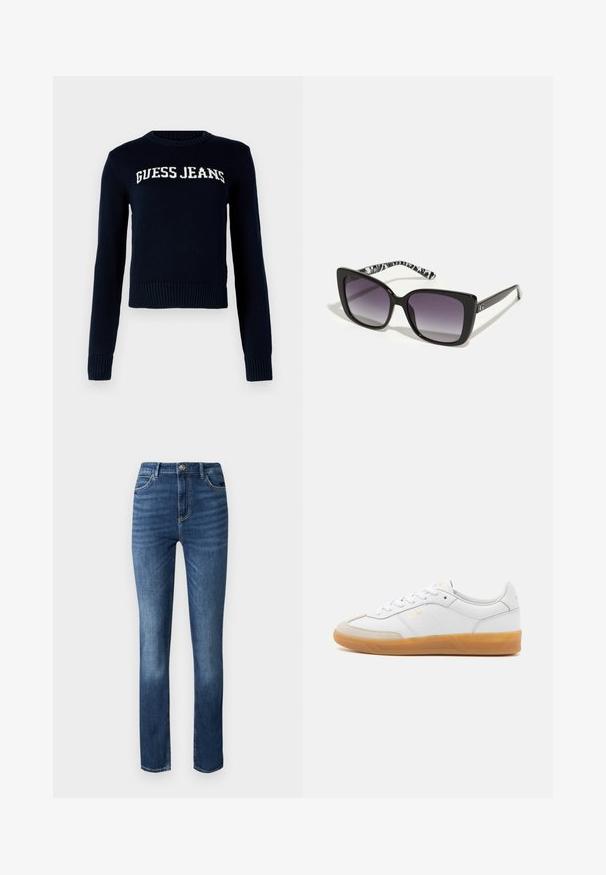 Guess Jeans INTARSIA - Jersey de punto - daring ocean; Jeans de mezclilla azul oscuro con un diseño de pierna recta, estilo de cinco bolsillos y un leve desgaste en la parte delantera para añadir textura.; Zapatilla de cuero blanca con acentos de ante beige, suela de goma y diseño de cordones. Presenta un sutil logo en dorado.; Gafas de sol cuadradas negras con lentes degradados, con un acabado brillante. Las patillas tienen un patrón de cebra en blanco y negro. Logotipo sencillo en el lateral.