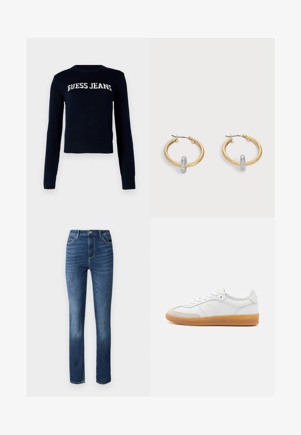 Guess Jeans INTARSIA - Pullover - daring ocean; Jeans en denim bleu foncé avec une coupe droite, style cinq poches et un léger délavage à l'avant pour plus de texture.; Baskets en cuir blanc avec des accents en suédine beige, semelle en caoutchouc gomme et design à lacets. Présente un logo discret en doré.; Paire de boucles d'oreilles créoles dorées avec un petit détail boucle ton argent sur chaque, exposées sur fond gris clair.