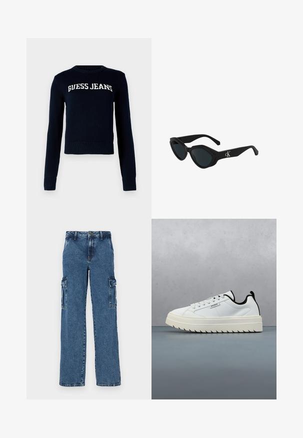 Guess Jeans INTARSIA - Trui - daring ocean; Blauwe denim cargo broek met een ontspannen pasvorm, voorzien van twee zijzakken, versterkte stiksels en een recht gesneden ontwerp.; Witte leren sneaker met een chunky, gestructureerde zool met een gezaagd ontwerp. Zwarte accenten op de hak en de tong zorgen voor contrast.; Zwarte cat-eye zonnebril met een glanzende afwerking, donkere lenzen en een "cK" logo op de poot. Hoekig ontwerp en dikke monturen.