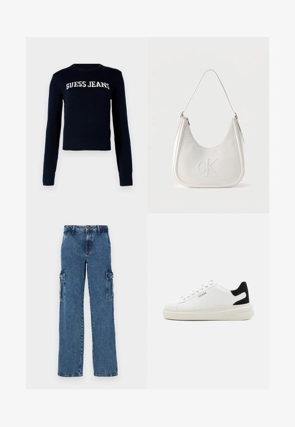 Guess Jeans INTARSIA - Džemper - daring ocean; Sinine denimist cargo püksid lõdva istumisega, millel on kaks küljetaskut, tugevdatud õmblused ja sirge jala disain.; Valged nahast tennisetossud paksu valge tallaga, musta sametist kontsakeeuga ja külje peal riigilogo reljeefne kujundus. Lukkeskeem kuue silmaauguga.; Valge nahast õlakott lukuga, kõver kuju ja esiküljel reljeefne CK-logo.