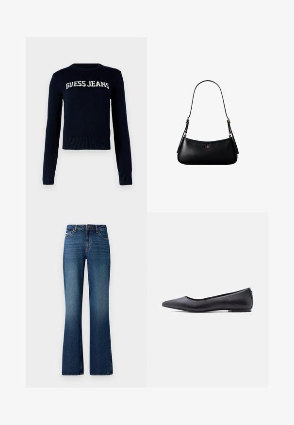 Guess Jeans INTARSIA - Džemper - daring ocean; Külluslikud teksad keskmise sinise pesu toonis, klassikalise viie tasku disainiga, nööbiga kinni pandud ja kergelt kulunud tekstuuriga.; Must nahkjala kinga madala kontsaga, külgvaates valge tausta ees.; Mustast nahast väike õlakott õhukese rihmaga ja väikese kuldse CK logoga esikülje keskel.
