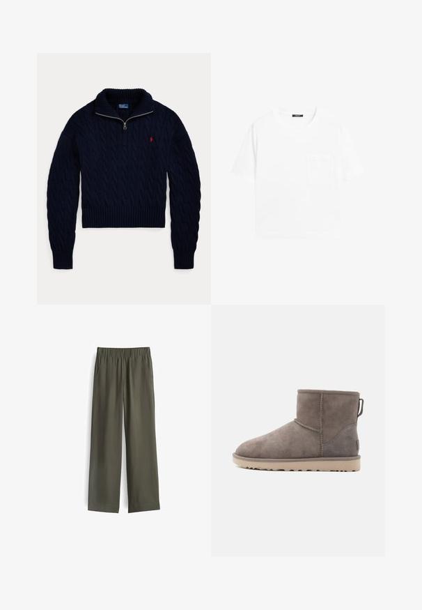 Donkerblauwe kabelgebreide trui met halve ritskraag en rood Polo Ralph Lauren-logo geborduurd op de borst.; Effen witte T-shirt met korte mouwen, ronde hals en een klein borstzakje aan de linkerkant.; Olijfgroene, wijde broek met een elastische tailleband en twee voorkeuzes. Soepele stof met een minimale textuur en een ontspannen pasvorm.; Suède enkellaarsjes in grijs met een zachte textuur, ronde neus en stevige beige zool. Voorzien van versterkte hak en stikaccenten.