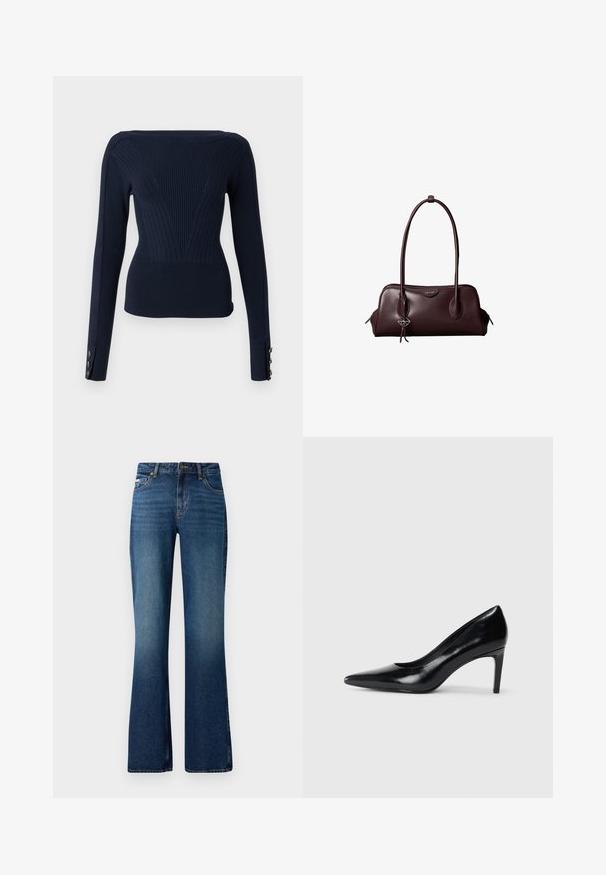 Marineblå ribbet sweater med lange ærmer, der har et tætsiddende design og tre knapdetaljer på hver manchet. Struktureret strikstof.; Flare jeans i en medium blå vask, med et klassisk fem-lomme design, knaplukning og en let slidt tekstur.; Sort læder højhælede sko med spids tå, glat tekstur og en taperet hæl. Minimalistisk design uden yderligere udsmykninger.; Mørkebrun lædertaske fra Calvin Klein med lange dobbelte håndtag og en lille logohængende ved det ene håndtag.