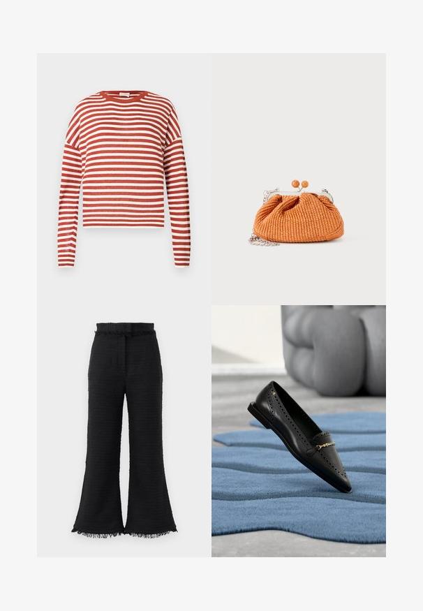 Rød- og hvidstribet langærmet sweater med rund halsudskæring og ribstrikkede manchetter og kant. Fremstillet af blødt, tekstureret stof.; Sorte vide benbukser i tekstureret stof, med frynset kant og elastisk talje. Designet har en glat overflade og en afslappet pasform.; Sort læderloafer med perforerede detaljer og guldlås, der hviler på et struktureret blåt tæppe med abstrakte former.; Lille orange flettet clutch-pung med sølvmetalramme, rund lukning og en sølvkæde-rem på en hvid baggrund.