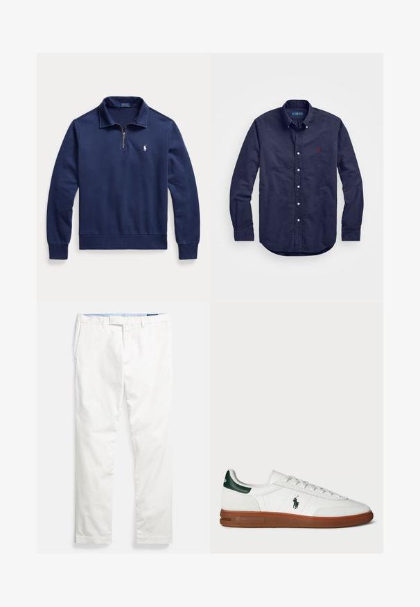 Marineblauer Langarm-Pullover mit Viertel-Reißverschluss, gerippten Bündchen und Saum sowie kleinem weißem Polo Ralph Lauren-Logo auf der linken Brust.; Navyblaue Baumwoll-Hemd mit langen Ärmeln, spitzem Kragen und kleinem roten Logo auf der linken Brust. Mit weißen Knöpfen.; Weiße Baumwoll-Chinos mit flacher Vorderseite, Gürtelschlaufen, Seitentaschen und einer glatten Textur, mit einem blauen inneren Bund.; Weiße Leder-Sneaker mit grünem Fersenakzent, strukturiertem Wildleder-Paneel, Gummisohle und besticktem Logo an der Seite. Verfügt über ein Schnürdesign.