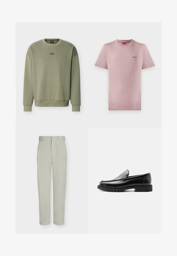 Sweat-shirt à col rond vert olive avec manches longues et logo "BOSS" centré sur la poitrine.; T-shirt en coton rose clair avec un col rond et des manches courtes. Présente un petit logo noir "HUGO" sur la poitrine. Texture lisse.; Pantalon beige clair à jambe droite, fermeture à bouton, passants de ceinture et plis sur le devant, présenté sur un fond blanc uni.; Mocassin en cuir noir avec semelle en caoutchouc épaisse, dessus cousu et nom de marque embossé sur le talon, présenté de profil sur fond blanc.