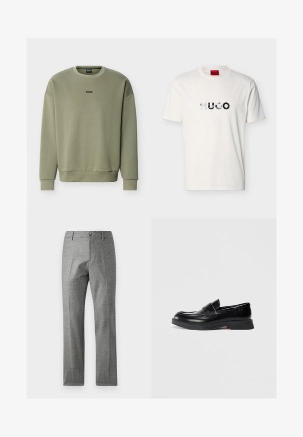 Olivengroene crewneck-trui met lange mouwen en het "BOSS"-logo gecentreerd op de borst.; Wit T-shirt met korte mouwen en ronde hals, voorzien van een reflecterend "HUGO"-logo in het midden van de borst.; Grijze textuur broek met een rechte pijp ontwerp, voorzien van een voorste knoop- en ritssluiting. Subtiele visgraatpatroon detail.; Zwarte leren loafers met een gladde afwerking, voorzien van een verhoogd voorpaneel en een contrasterende rode accent op de zool. Platte rubberen buitenzool.