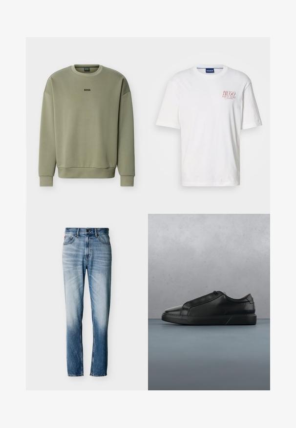Olivengroene crewneck-trui met lange mouwen en het "BOSS"-logo gecentreerd op de borst.; Wit katoenen T-shirt met korte mouwen, een ronde hals en een rood logo op de linkerborst. Gladde textuur.; Verbleekte blauwe jeans met rechte pijpen, vijf zakken, knoopsluiting en riemlussen, plat uitgestald op een witte achtergrond.; Zwarte laagflank sneaker met een gladleren bovenkant, minimale stiksels en een rubberen zool, weergegeven in profiel op een witte achtergrond.