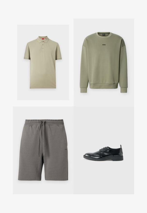 Sweat-shirt à col rond vert olive avec manches longues et logo "BOSS" centré sur la poitrine.; Polo beige clair à manches courtes avec trois boutons et un petit logo "HUGO" sur la poitrine gauche.; Shorts à taille élastique grise avec cordon de serrage, poches latérales et logo discret "HUGO" sur la cuisse droite.; Chaussure habillée en cuir noir brillant avec un petit talon, fermeture à lacets et bout rond, vue de côté sur un fond uni et clair.