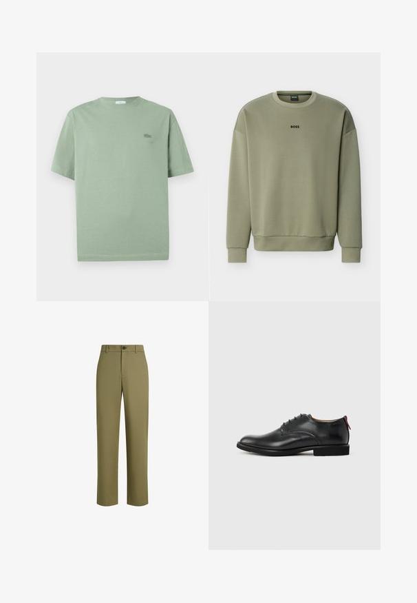 Sudadera verde oliva de cuello redondo con mangas largas y logo "BOSS" centrado en el pecho.; Camiseta corta de manga en verde claro, hecha de algodón, con un pequeño logo bordado en el pecho y cuello redondo.; Pantalones verde oliva de tela suave, con un diseño de pierna recta, cierre de un solo botón y una textura sutil.; Zapato de vestir para hombre de cuero negro con cordones en la parte delantera y tira roja en el talón sobre un fondo liso.