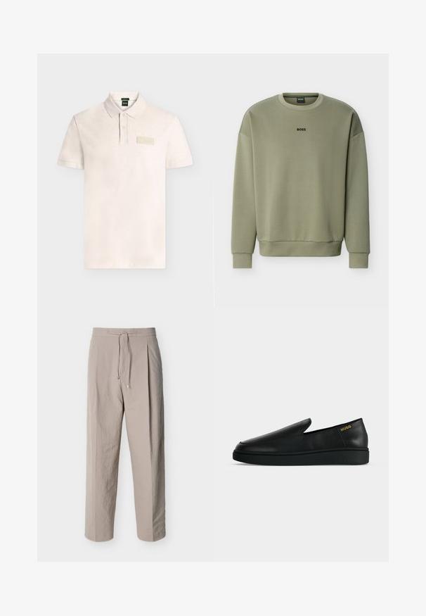 Sweat-shirt à col rond vert olive avec manches longues et logo "BOSS" centré sur la poitrine.; Polo beige clair à manches courtes avec patte à deux boutons et petit écusson rectangulaire « BOSS » sur la poitrine gauche.; Pantalon beige texturé à cordon de serrage, jambes droites et taille élastique, présenté sur un fond blanc.; Chaussure noire en cuir à enfiler avec semelle épaisse et marquage "HUGO" en or près du talon sur un fond uni gris clair.
