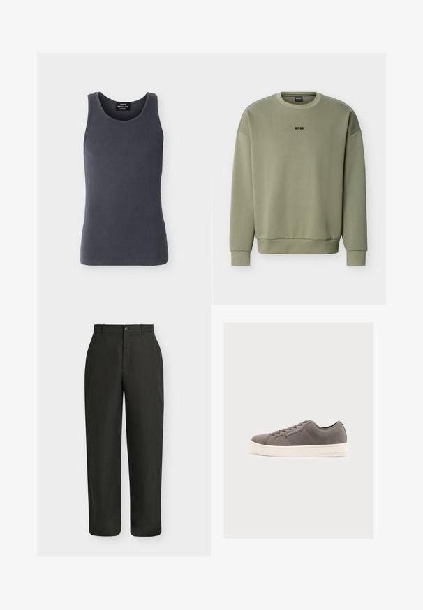 Sweat-shirt à col rond vert olive avec manches longues et logo "BOSS" centré sur la poitrine.; Débardeur gris foncé côtelé sans manches avec un col rond, étiqueté Mads Nørgaard Copenhagen, présenté sur un fond blanc.; Pantalon noir droit avec fermeture par bouton et fermeture éclair et passants de ceinture sur un fond clair uni.; Baskets basses en suède gris avec semelle blanche, design à lacets et marquage subtil Armani Exchange sur le côté et la semelle.