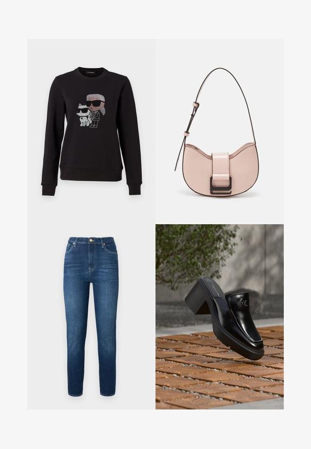 Schwarzer Sweatshirt mit einem Strassmotiv eines Charakters und einer Katze, die beide Sonnenbrillen tragen. Klassischer Rundhalsausschnitt, gerippte Bündchen und Saum.; Dunkelblaue Jeans aus Denim mit hoher Taille, schmal zulaufenden Beinen und Knopfverschluss. Mit subtilen Ausbleichungen und ohne sichtbare Muster oder Verzierungen.; Schwarze Leder-Slip-on-Mule von Calvin Klein mit Blockabsatz, die auf Holzfliesen im Freien nahe einer grünen Pflanze und einer grauen Wand ruht.; Kleine, geschwungene Handtasche aus pinkem Leder mit glänzender Oberfläche, ausgestattet mit einem schwarzen Akzentgurt und einem großen schwarzen Verschluss. Crossbody-Design.