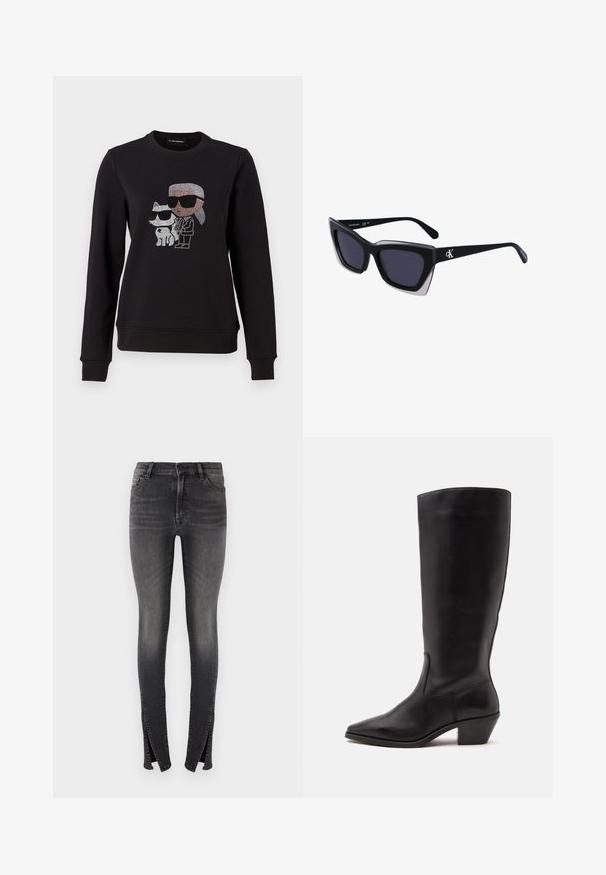 Sort sweatshirt med et rhinestone grafik af en karakter og en kat, begge iført solbriller. Klassisk crew neck, ribbede manchetter og kant.; Slanke jeans i mørk grå denim, med høj talje, frontlommer og unikke slidser ved anklerne for et moderne design.; Sort læderstøvle til midtkalv med spids tå og lavt skråt hæl på en enkel lys baggrund.; Store sorte oversized solbriller med geometrisk form, med mørke linser og en kontrasterende grå detalje på stellet. Logo på armen.