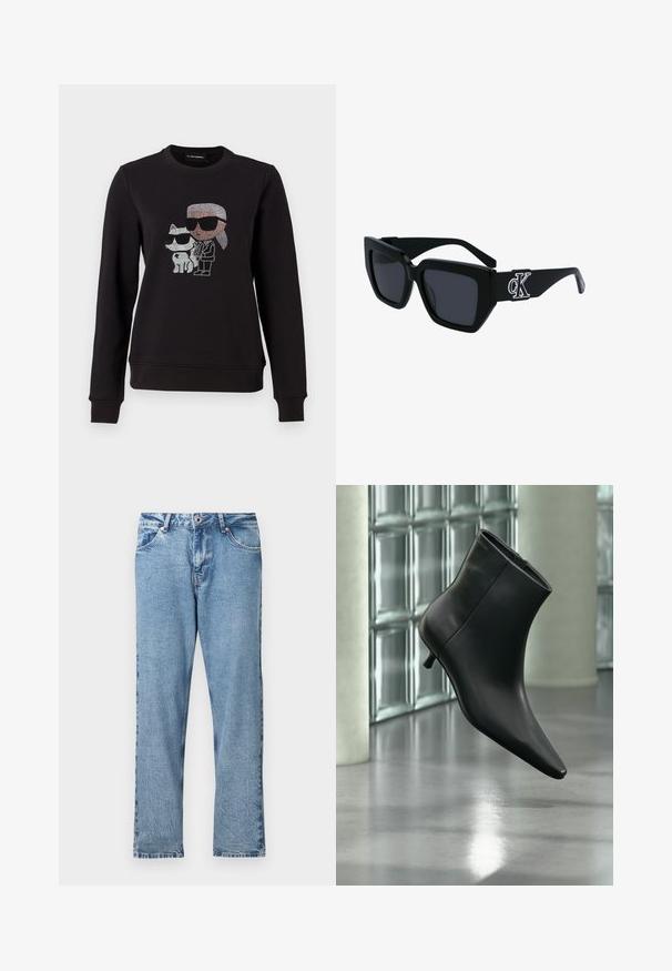 Schwarzer Sweatshirt mit einem Strassmotiv eines Charakters und einer Katze, die beide Sonnenbrillen tragen. Klassischer Rundhalsausschnitt, gerippte Bündchen und Saum.; Hellblaue Jeans aus Denim mit geradem Bein, ausgestattet mit einem Reißverschluss, fünf Taschen und einem dezenten, used Look.; Schwarzer Leder-Stiefelette mit spitzer Zehenpartie und niedrigem Kitten-Heel, schräg dargestellt vor einem polierten Boden und einer Glasbausteinwand.; Schwarze Sonnenbrille mit quadratischem Rahmen, ausgestattet mit dunklen Gläsern, mattem Finish und einem silbernen CK-Logo-Detail am Bügel.