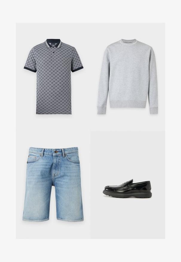 Sweat-shirt gris clair col rond avec manches longues et poignets et bas côtelés, présenté sur fond blanc.; Polo gris avec motif géométrique foncé, col et bords de manches noirs, patte de boutonnage à deux boutons, étiquette de la marque à l'intérieur du col.; Shorts en jean bleu clair avec bouton à l'avant, braguette zippée, passants pour ceinture et poches avant, présentés sur un fond uni.; Mocassin en cuir noir avec une finition brillante, bout arrondi, détails de couture subtils et semelle en caoutchouc épaisse pour la durabilité.