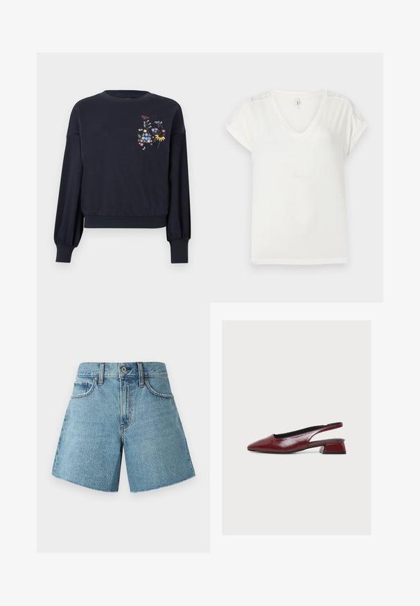 Marineblauer Langarm-Sweatshirt mit gerippten Bündchen und Saum, mit bunter Blumen- und Schmetterlingsstickerei auf der linken Brust.; Weißes kurzärmeliges V-Ausschnitt-Shirt mit Spitzenverzierung auf den Schultern, flach auf einem hellen Hintergrund liegend.; Jeansshorts in hellblau, mit hohem Bund, fünf Taschen und rohem Saum. Hergestellt aus strukturiertem Baumwollstoff mit klassischem Design.; Burgunderrote Slingback-Lederschuhe mit spitzer Vorderkappe und niedrigem Blockabsatz, im Seitenprofil auf weißem Hintergrund.